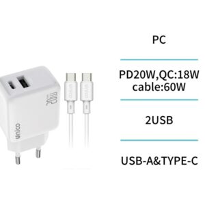Cargador de Viaje Doble Puerto Puerto-C y Puerto-A PD20W con Cable C-C Kit TUV-GS